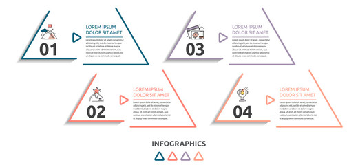 Vector flat infographic template. Line triangle with text and icons for four diagrams, graph, flowchart, timeline, marketing, presentation. Business concept with 4 options