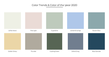 Color Trends and Color of the Year 2020 fresh palette. Colors in the set: First Light Color, White Heron, Crystalline, Windmill Wings, Buxton Blue, Golden Straw, Thunder,Cushing Green Oxford Gray and