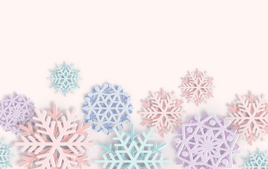 Vector cover with Paper cut art Snowflakes. Layered realistic snow flake winter 3D icons. Xmas, New Year header, business greeting card, invitation, article