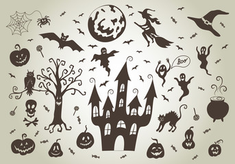 Halloween decoration set: pumpkin jack lantern, bat, spider and cobweb, witch, ghosts, creepy castle, tree, black cat, owl, cauldron with potion, witch hat, skull and crossbones, full moon.