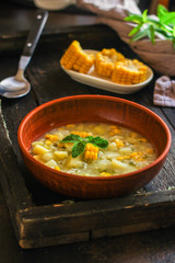 soup with corn and vegetables (first course, vegetarian dish) menu concept. food background. copy space. Top view