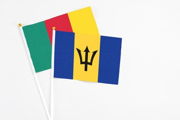 Barbados and Cameroon stick flags on white background. High quality fabric, miniature national flag. Peaceful global concept.White floor for copy space.