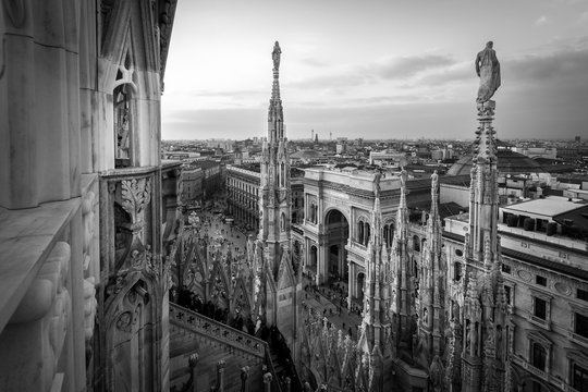 Fototapeta Galleria Vittorio Emanuele view from Duomo roof terrace Milan Italy - black and white image