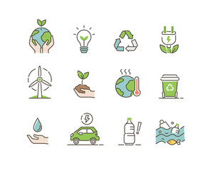 Ecology Icons Set. Global Warming, Climate Change, Plastic Pollution and other Ecology Problems. Save the Planet Symbols. Eco Environment Signs Collection. Flat Line Cartoon Vector Illustration.