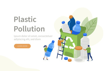 People Characters collecting Plastic Trash into Recycling Garbage Bin. Woman and Man taking out the Garbage. Plastic Pollution Problem Concept. Flat Isometric Vector Illustration. - obrazy, fototapety, plakaty