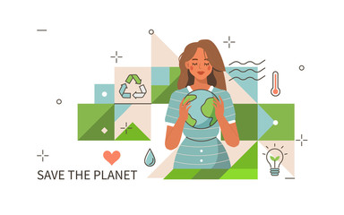 Woman holding Planet Earth and take care about Ecology Problems. Environmental Protection Social Poster. Save the Planet Concept. World Environment Day. Flat Cartoon Vector Illustration.