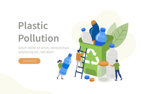 People Characters collecting Plastic Trash into Recycling Garbage Bin. Woman and Man taking out the Garbage. Plastic Pollution Problem Concept. Flat Isometric Vector Illustration.