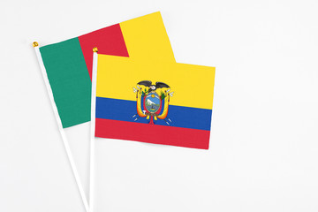 Ecuador and Cameroon stick flags on white background. High quality fabric, miniature national flag. Peaceful global concept.White floor for copy space.
