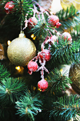 New Year's toys on the Christmas tree. New Year's decorations.Selective focus.
