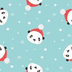 Happy cartoon panda. Character christmas panda. Happy Chinese New Year. Cute seamless pattern with panda in a hat and scarf in winter. Vector illustration.
