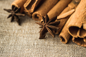 cinnamon sticks and anise on eco background