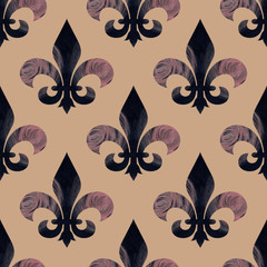 abstract textured fleur de lis drawn with watercolor on a dark background, seamless pattern © dnapslvsk