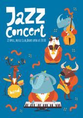 Jazz concert music poster design with cartoon animals playing music instruments