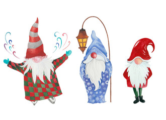 Set of christmas gnomes, leprechaun hand drawn illustration in watercolor. 