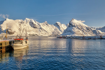 Fredwang, Lofoten Islands - Traditional fishing boats in scenic harbor on Lofoten islands in Norway