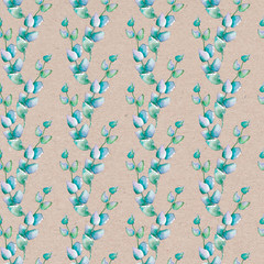 Trending tender watercolor twigs of blue-green succulent in sketchy style. Drawn by hand on a craft background.
