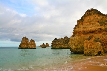 Rocky beach in Lagos - Portugal on a cloudy day 31.Oct.2019