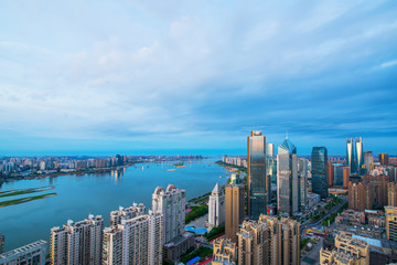 modern high-rise buildings line the new honggutan district in nanchang, jiangxi province. China's important manufacturing center and birthplace of the aviation industry