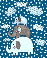 hand drawn watercolor cute elephants and clouds set. cartoon children illustration © Ангелина