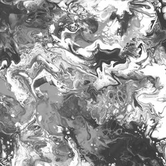 Fluid art abstract background. Black and white paint splash on a canvas. Gray tinted. Monochrome picture. Marble like texture backdrop. Acrylic painted pattern.