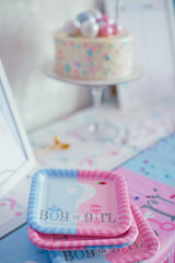 Gender reveal party, pink and blue decorations