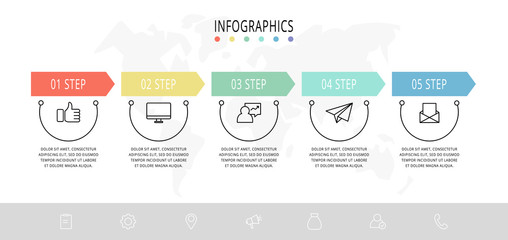 Vector flat line template circle infographics. Business concept with 5 options and arrows. Five steps for content, flowchart, timeline, levels, marketing, presentation, graph, diagrams, slideshow