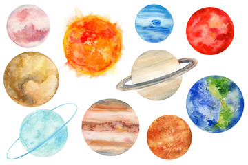 set of watercolor planets on an isolated white background, space, illustration, hand drawing, saturn, pluto, earth, uranium