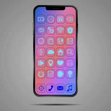Mobile Smartphone vector illustration. Original design mockup screen, realistic detailed 3d model surface of isolated phone template. Object  for web, iot. Front and Back, homescreen and locksreen