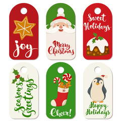 Christmas labels with Christmas characters and symbols.