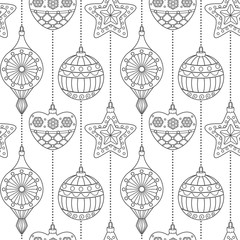 Coloring page Christmas retro ornaments seamless pattern. Holiday winter background.