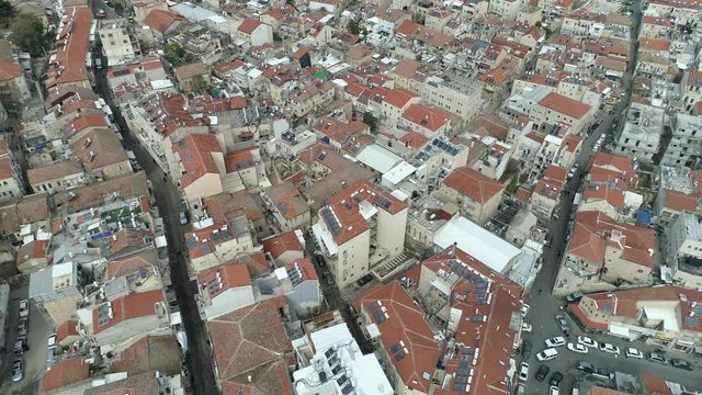 Aerial footage of Mea Shearim neighborhood in the heart of Jerusalem, israel