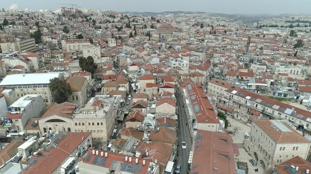 Aerial footage of Mea Shearim neighborhood in the heart of Jerusalem, israel