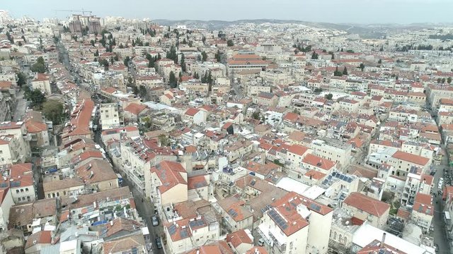 Aerial footage of Mea Shearim neighborhood in the heart of Jerusalem, israel