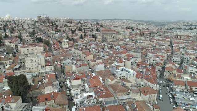 Aerial footage of Mea Shearim neighborhood in the heart of Jerusalem, israel