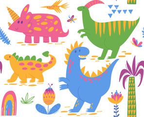Vector seamless pattern with cute cartoon dinosaurs