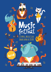Vector music festival poster design with cartoon animals playing music instruments and singing