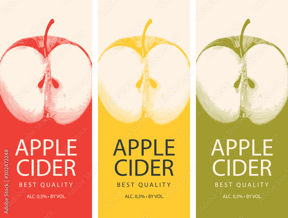Poster set of vector labels for apple cider with a realistic image of half an apple and calligraphic inscri
