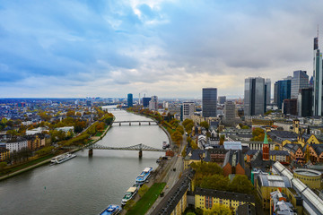 Obraz premium Aerial view with drone in Frankfurt am Main city center. Aerial view of the train stations. 13.11.2019 Frankfurt am Main, Germany.