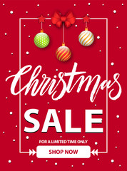 Christmas sale banner vector, promotional poster with decorative text. Clearance at market, deals for customers of shops. Marketing and advertising, shop now button. Baubles and bows decoration