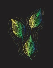 Vector illustration leaves and in doodle style. Floral, ornate, decorative, tribal vector design elements. Black and white background. Zentangle hand drawn coloring book page