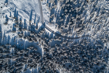 Curved road in the Italian Alps in South Tyrol, during winter / Sunny winter day with harsh shadows and lot of snow