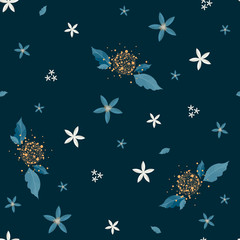Seamless plants and flowers pattern, blue and white floral decoration