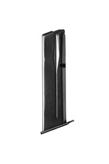 Handgun magazine on white surface. Clip for a modern semi-automatic pistol isolate on a white background.