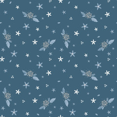 Seamless plants and flowers pattern, blue and white floral decoration