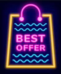 Promotional banner with bag and wavy lines inside vector. Best offer form shops and stores, discounts on holiday. Clearance on market featuring production with discounts flat style illustration