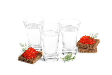 Russian vodka and red caviar sandwiches isolated on white