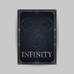 Card with Infinity symbol logo illustration. Vector endless object. Beautiful, unique concept design. Abstract Unreal loop template isolated on background. Unlimited virtual outline ring line art 