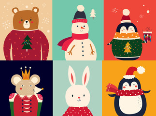 Vector illustration with funny characters bear, snowman, penguin, mouse and bunny 