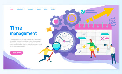 Time management and organization of working space vector, people with tools and instruments for productivity increasing. Business worker. Website or webpage template, landing page flat style