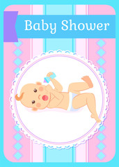 Baby shower greeting card, newborn of four or five months lying on back with bottle of milk or water in hands. Child in diaper, smiling toddler invitation